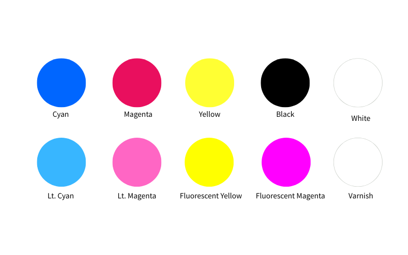 LED UV curable ink color chart including CMYK, white, light colors and fluorescent inks