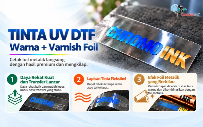 Tinta warna UV DTF dan varnish foil CHROMOINK untuk transfer foil metalik